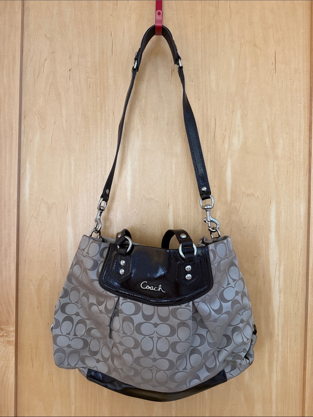 Coach Gray Signature Shoulder Bag with Black Patent Trim